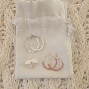 Delicate Hoop & Flower Earring Set - Cream & Dusty Rose